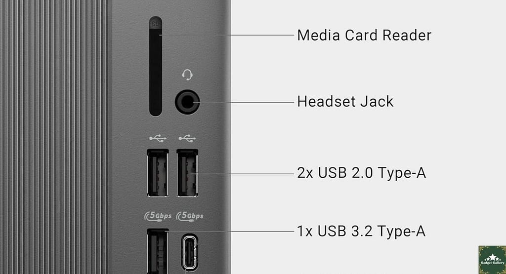 Close-up image of the desktop front ports, SD card reader, and slim chassis design.