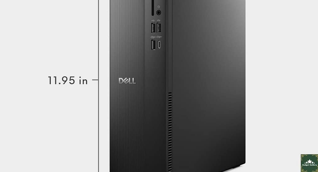 Side-profile image showing the slim compact size beside a regular desktop tower